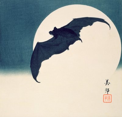 Flagermus og fuldmåne (træbloktryk i farver) af Biho Takashi or Takahashi (b. 1873. fl 1890 1930)