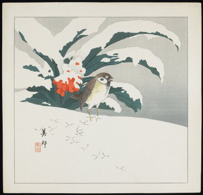 Fugl i sne, begyndelsen af det 20. århundrede af Biho Takashi or Takahashi (b. 1873. fl 1890 1930)