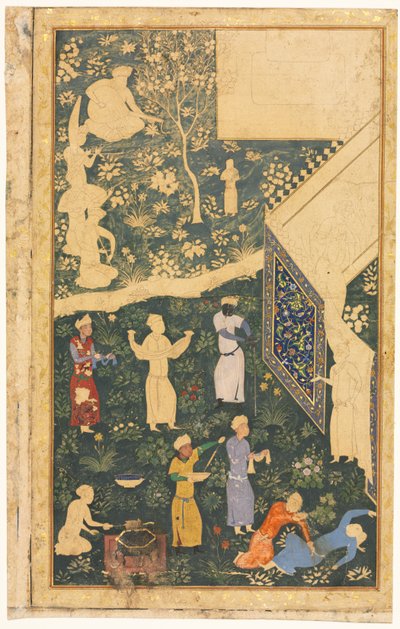 Musikere og tjenere uden for en kongelig lejr recto, ca. 1485. af Bihzad