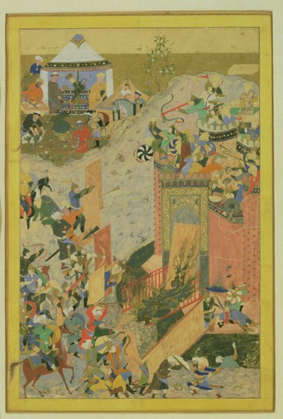 Angreb på et slot, persisk, timuridisk periode (1370-1506) ca. 1475-1500 (wc og bladguld på papir) af Bihzad attr. to Bihzad attr. to