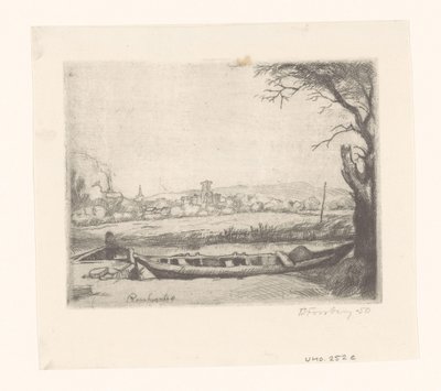 Kanal med en stor båd og en bro ("The schuytje i forgrunden") af Birger John Forsberg