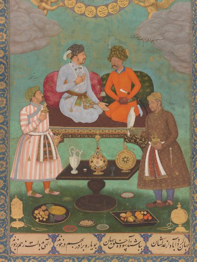 Jahangir underholder Shah Abbas fra Skt. Petersborg-albummet (detalje), ca. 1620 (akvarel, guld, blæk på papir) af Bishandas