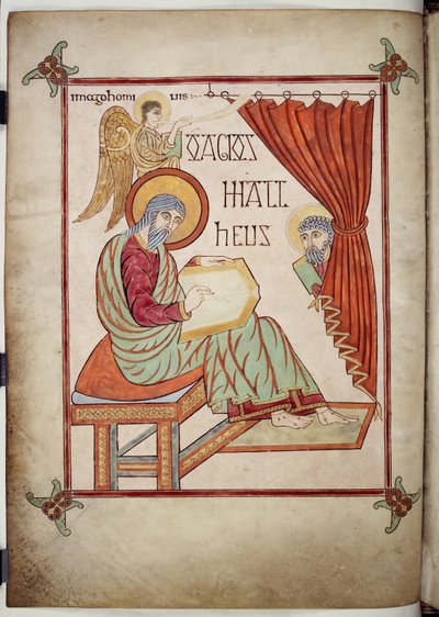 Bomuld Nero D. IV, f.25v St. Matthæus, skrift, med sit symbol, fra Lindisfarne-evangelierne, 710-721 (vellum) af Bishop of Lindisfarne Eadfrith