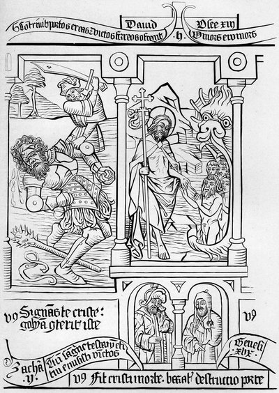 Fragment af faksimile fra side 28 i Bible of the Poor, 1849. af Bisson and Cottard