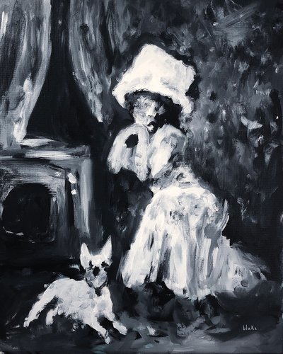 Lady And Dog Posing, ca. 2019 (Akryl på lærred) af Blake Munch