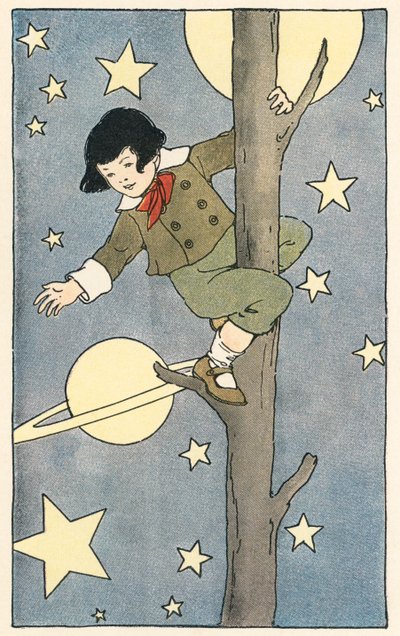 Dreng klatrer i et træ blandt stjernerne og planeterne af Blanche Fisher Wright