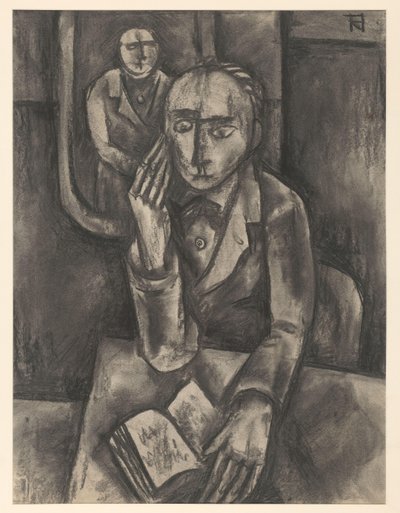 Mand sidder ved bordet med en åben bog af Bob Hanf (signed by artist)