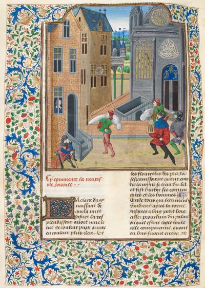 Tilføje. 35323 f.122v Indpakkede lig bliver båret ind i en bygning, illustration fra 