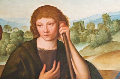 Tilbedelse af hyrderne Madonna med spædbarnet Jesus og to hyrder, detalje af 2384594 af Boccaccio Boccaccino