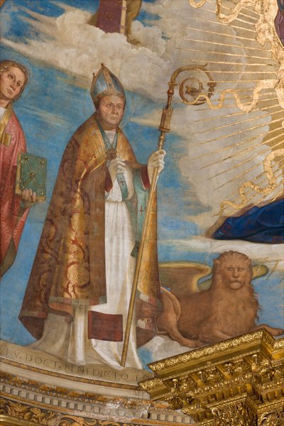 Apse, Catino Apse, Boccaccio Boccaccino, Pantocrator blandt de hellige Marcellino, Imerio, Omobono, Peter Exorcist, Detalje af St. Imerio af Boccaccio Boccaccino