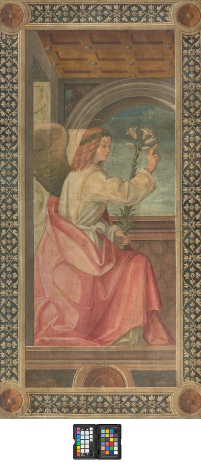 Contofacade sydlige tværarm, Boccaccio Boccaccino, Bebudelsesdetalje af englen, Tidligt XVI århundrede, Fresco revet af Boccaccio Boccaccino