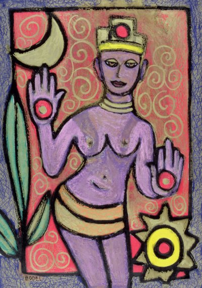 Goddess, 2002 (olie, pastel og indisk blæk på papir) af Bodel Rikys