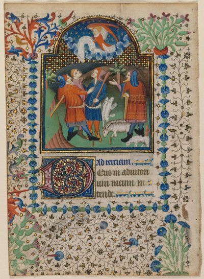 Blad fra en timebog: Bebudelse til hyrderne (recto) af Boethius Illuminator