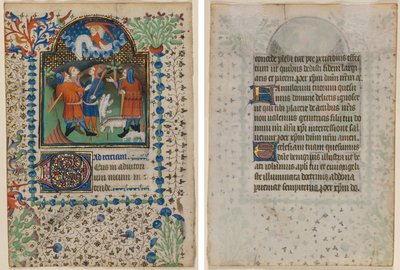 Blad fra en timebog: Bebudelse til hyrderne (recto) og tekst (verso) af Boethius Illuminator