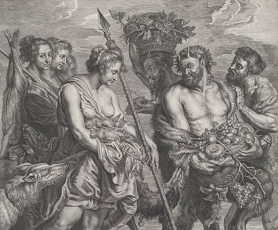 Diana, der vender tilbage fra jagten, ledsaget af hunde og hendes nymfer til venstre, sad to..., ca. 1640-59. af Boetius Adams Bolswert