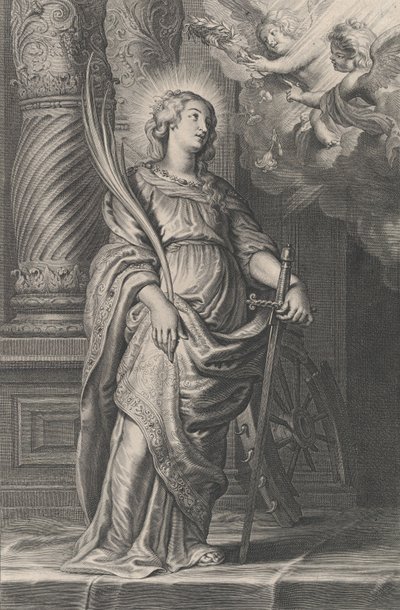 Saint Catherine holder palmeblade og et sværd, to putti over hovedet holder en laurbær..., ca. 1625-59. af Boetius Adams Bolswert