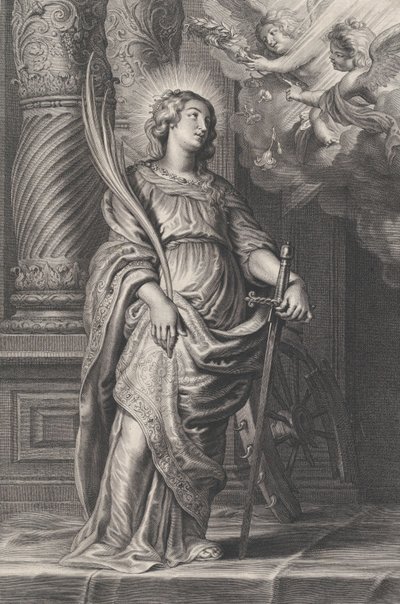 Saint Catherine holder palmeblade og et sværd, to putti over hovedet holder en laurbær..., ca. 1625-59. af Boetius Adams Bolswert