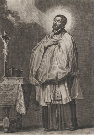 Saint Francis Xavier med et guddommeligt lys, der emanerer mod ham fra øverste venstre,..., ca. 1623-33. af Boetius Adams Bolswert