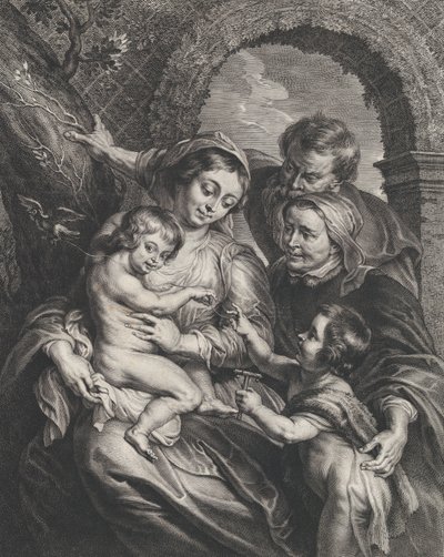 Den hellige familie med Sankt Elizabeth og spædbarnet Sankt Johannes Døberen, der holder..., ca. 1600-59. af Boetius Adams Bolswert