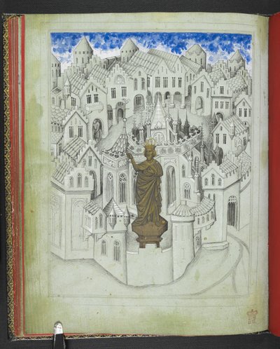 Tilføj 24189, f.9v, Byen Konstantinopel, med en stor statue af kejser Justinian stående foran katedralen St. Sophia, fra 