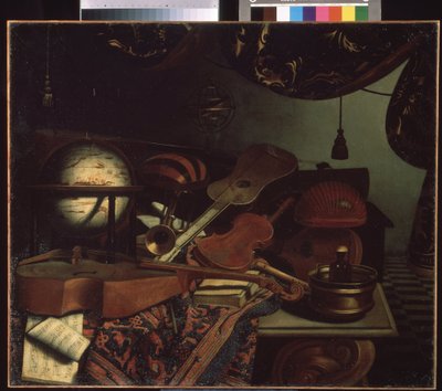 ""Still life with musical instruments"" (Still life with musical instruments) Globus, fløjte, partitur, viol, guitar. Maleri af Bonaventura Bettera (1663-1718) 1715 Pushkin Museum, Moskva af Bonaventura Bettera