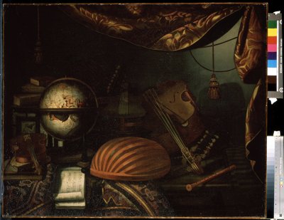""Still life with musical instruments"" (Still life with musical instruments) Globus, fløjte, partitur, viol, guitar. Maleri af Bonaventura Bettera (1663-1718) 1715 Pushkin Museum, Moskva af Bonaventura Bettera