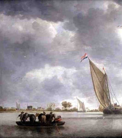 Bygherrer, der reparerer et hus ved en flod af Bonaventura Peeters