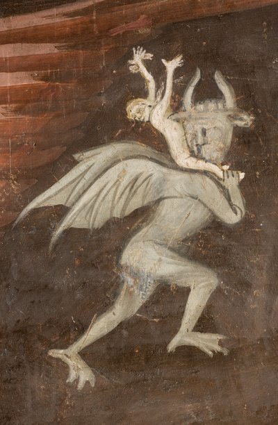 Nordlige tværskib, Ærkeenglen Skt. Michaels alter, Bag altertavlen kalkmalerierne af Boniface Bembo, Ærkeenglen Michael med Vægten, der driver det onde ud, Ondartet detalje af Bonifacio Bembo
