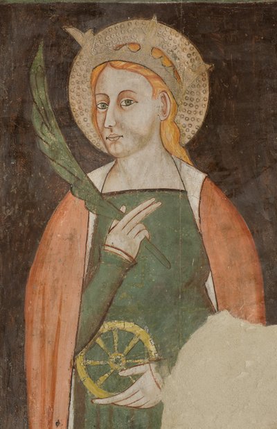 Det nordlige tværskib, Ærkeenglen St. Michaels alter, bag altertavlen freskerne af Bonifacio Bembo, den hellige Katarina af Alexandria af Bonifacio Bembo