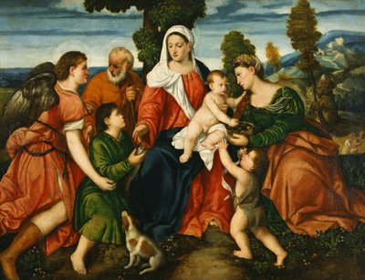 Den hellige familie med Tobias og englen, den hellige Dorothy, Giovannino og kornet mirakel udover af Bonifazio Veronese