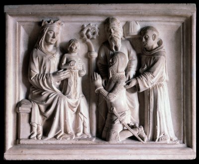 Jomfruen præsenterer Jesus for tre mennesker (skulptur af Bonino da Campione