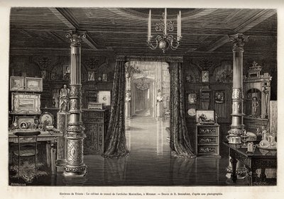 Ærkehertugen af Østrig Maximilians (1832-1867) arbejdskabinet på slottet Miramar, som han lod bygge i nærheden af Trieste, fra 1857, da han blev udråbt til vicekonge af kongeriget Lombardiet og Veneto, indgraveret af B.Bonnafoux illustra af Bonnafoux Bonnafoux