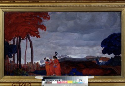 ""Den unge piges smerte"" To kvinder klædt i rødt omgiver en tredje, svækket af sorg. Maleri af Boris Grigoriev (1886-1939) 1912 Regional W. Wereshchagin Art Museum, Mykolaiv af Boris Dmitrievich Grigoriev