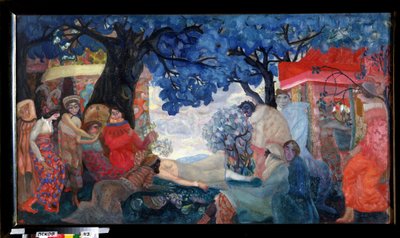 En drøm. Karakterer i kostumer eller masker omgiver en anden karakter, der ligger under træerne med blåt løv, i en landsby med mangefarvede huse. Værk af Boris Dmitryevich Grigoriev (1886-1939), tempera på pap af Boris Dmitrievich Grigoriev