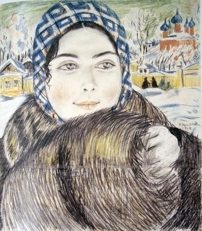 En ung købmandskone i et ternet tørklæde par Kustodiev, Boris Michaylovich (1878-1927) af Boris Mikhailovich Kustodiev