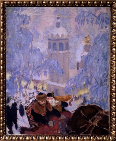 Selvportræt med sin kone. Repræsenteret i en hestetrukket slæde, der forlader en by med snedækkede tage. Maleri af Boris Michaylovich Kustodiev (Kustodiev) (1878-1927), olie på lærred af Boris Mikhailovich Kustodiev