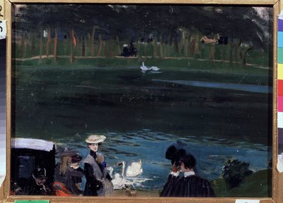 Bois de Boulogne. Søen med svaner og vandrere. Maleri af Boris Michaylovich Kustodiev (Kustodiev) (1878-1927), olie på lærred af Boris Mikhailovich Kustodiev