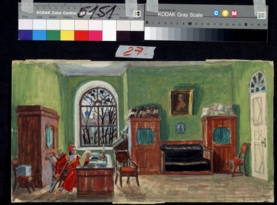 Decor preparatoire pour la piece de theater La mort de Pasukhin de Mikhail Saltykov-Shchedrin (Saltykov Shchedrin, Saltykov-Chtchedrine, Saltykov Chtchedrine) (1826-1889) (Scenedesign til teaterstykket Pasukhins død af M. Saltykow Schtschedrin). Oeu af Boris Mikhailovich Kustodiev