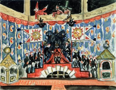 Decor preparatoire pour la piece la puce de Evgueni (Ievgueni, Eugene, Evgeni) Zamiatine (1884-1937) (Scenedesign til skuespillet Loppen af ​​E. Zamyatin). Oeuvre af Boris Michaylovich Kustodiev (Koustodiev) (1878-1927), tempera sur bois af Boris Mikhailovich Kustodiev