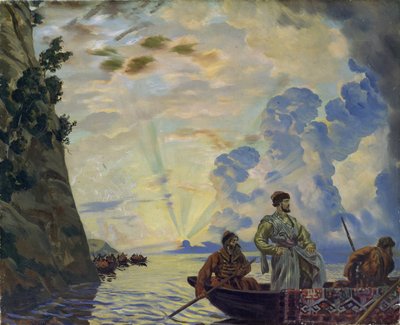 Kosaklederen Stepan (Stenka) Timofeevich Razin (1630-1671) i en båd. Han ledede et oprør mod adelen og det tsaristiske bureaukrati i det sydlige Rusland (Stepan Razin). Maleri af Boris Michaylovich Kustodiev (Kustodiev) (1878-192) af Boris Mikhailovich Kustodiev