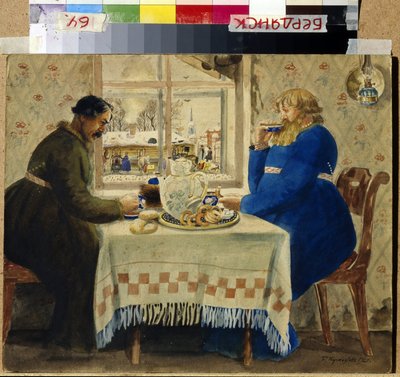 Kuskene. To mænd ved bordet spiser kager og rundstykker, mens de drikker te. Gennem vinduet står holdene og slæderne opstillet i gården. Værk af Boris Michaylovich Kustodiev (Kustodiev) (1878-1927), akvarel s af Boris Mikhailovich Kustodiev