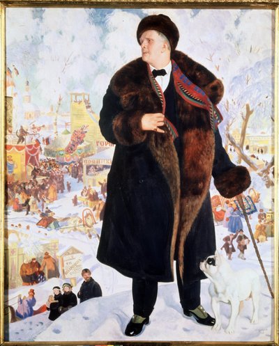 Portræt af sangeren Feodor (Fiodor, Fedor) I. Chaliapin (Chaliapin) (1873-1938) (Portræt af sangeren F.I.Shalyapin). I en pels og hat, ledsaget af en bulldog, der stirrer på ham, står sangeren stolt foran animationerne af en af Boris Mikhailovich Kustodiev