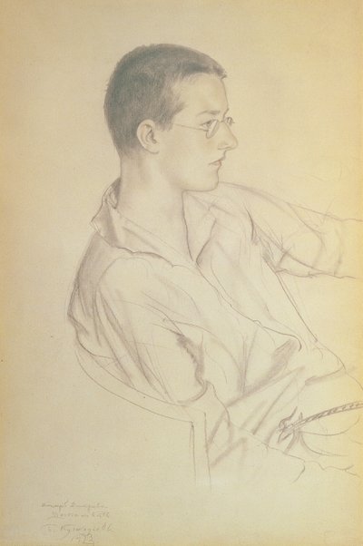 Portræt af Dmitri Dmitrievich Shostakovich (1906-75), 1923 (blyant på papir) af Boris Mikhailovich Kustodiev