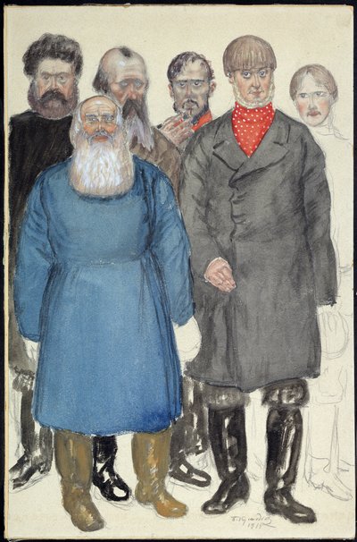 Kostumedesign til teaterstykket Ulve og får af Alexandre Ostrovsky (1823-1886) (Kostumedesign til teaterstykket Ulve og får af A. Ostrovsky). Værk af Boris Michaylovich Kustodiev (Koustodiev) (1878-1927), akvarel på papir af Boris Mikhailovich Kustodiev