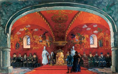 Repræsentation af Boris Fyodorovich Godunov (1551-1605), zar af Rusland, indretning for teaterstykket "Boris Godunov" af Alexander Sergeyevich Pushkin (olie på lærred) af Boris Mikhailovich Kustodiev