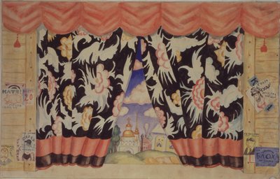 Skitse af gardin til teaterstykket Loppen af E. Zamyatin, 1925-1926 af Boris Mikhailovich Kustodiev