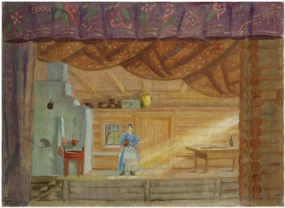 Scenedesign til stykket Virineya af Lidia Seyfullina, 1925 af Boris Mikhailovich Kustodiev