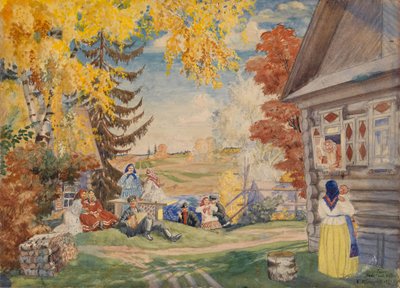 Scenedesign til teaterstykket Bondekvinder af Alexander Neverov, 1920 af Boris Mikhailovich Kustodiev