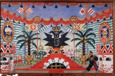 Scenedesign til teaterstykket Loppen af E. Zamyatin, 1925-1926 af Boris Mikhailovich Kustodiev