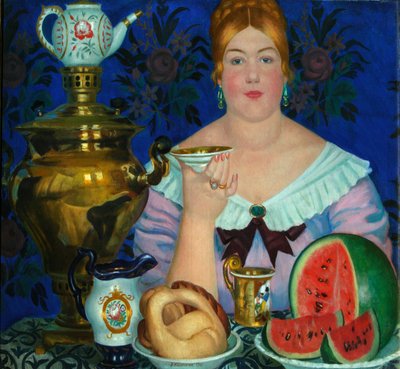 Købmandskonen drikker te, 1923 af Boris Mikhailovich Kustodiev